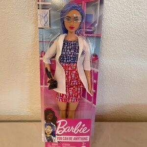 Barbie Purple-Haired Scientist Doll with Lab Coat and Patterned Dress